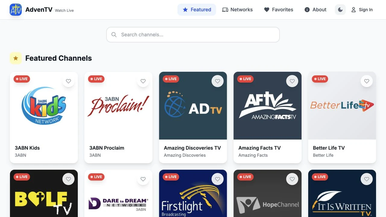 AdvenTV website with featured channels in a browser