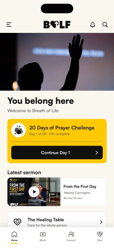 Breath of Life mobile app: You belong here, prayer challenge, latest sermon, and community navigation