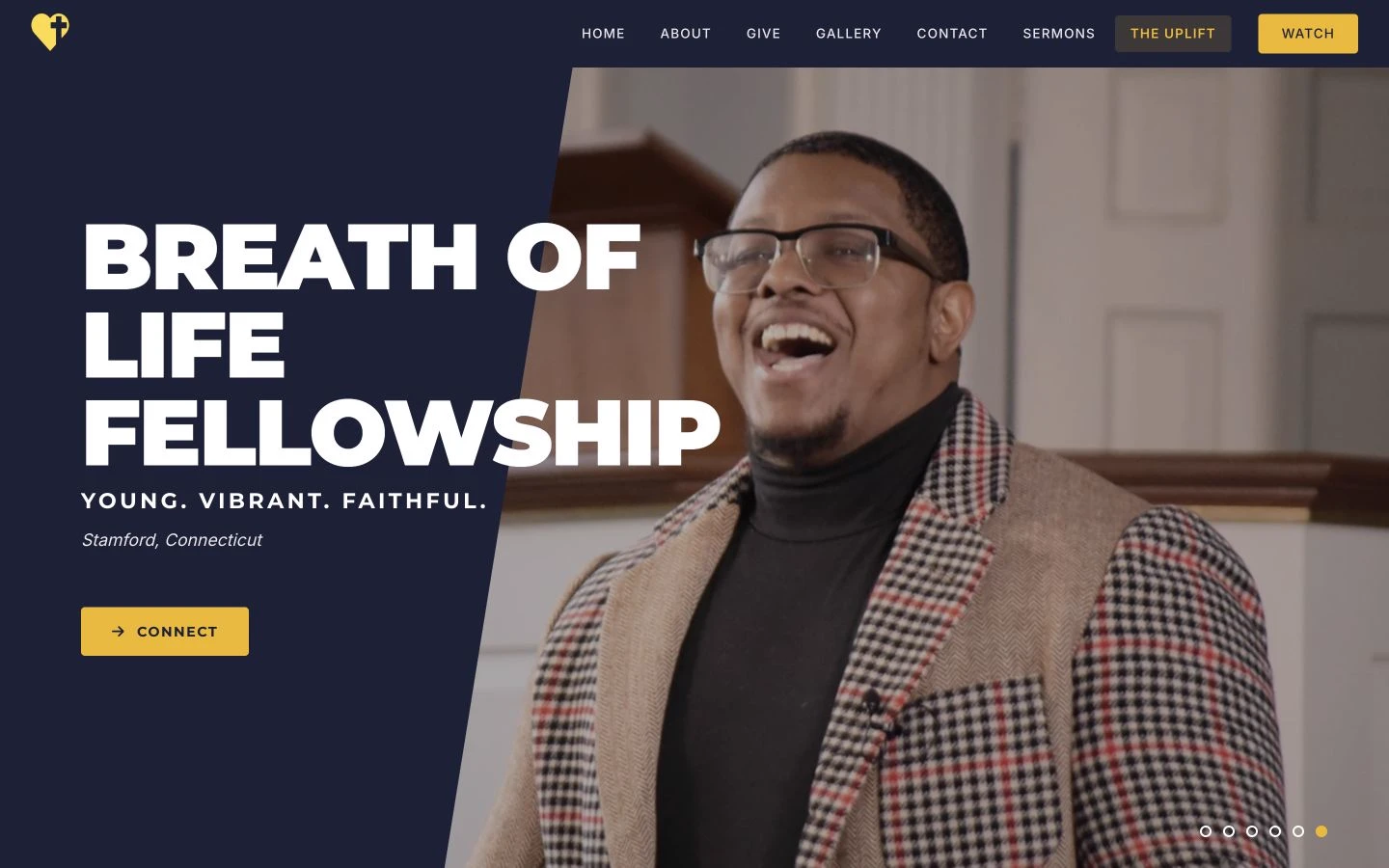 Live Breath of Life Fellowship website, captured September 24, 2026: navy-and-gold navigation, church introduction, and a service photo