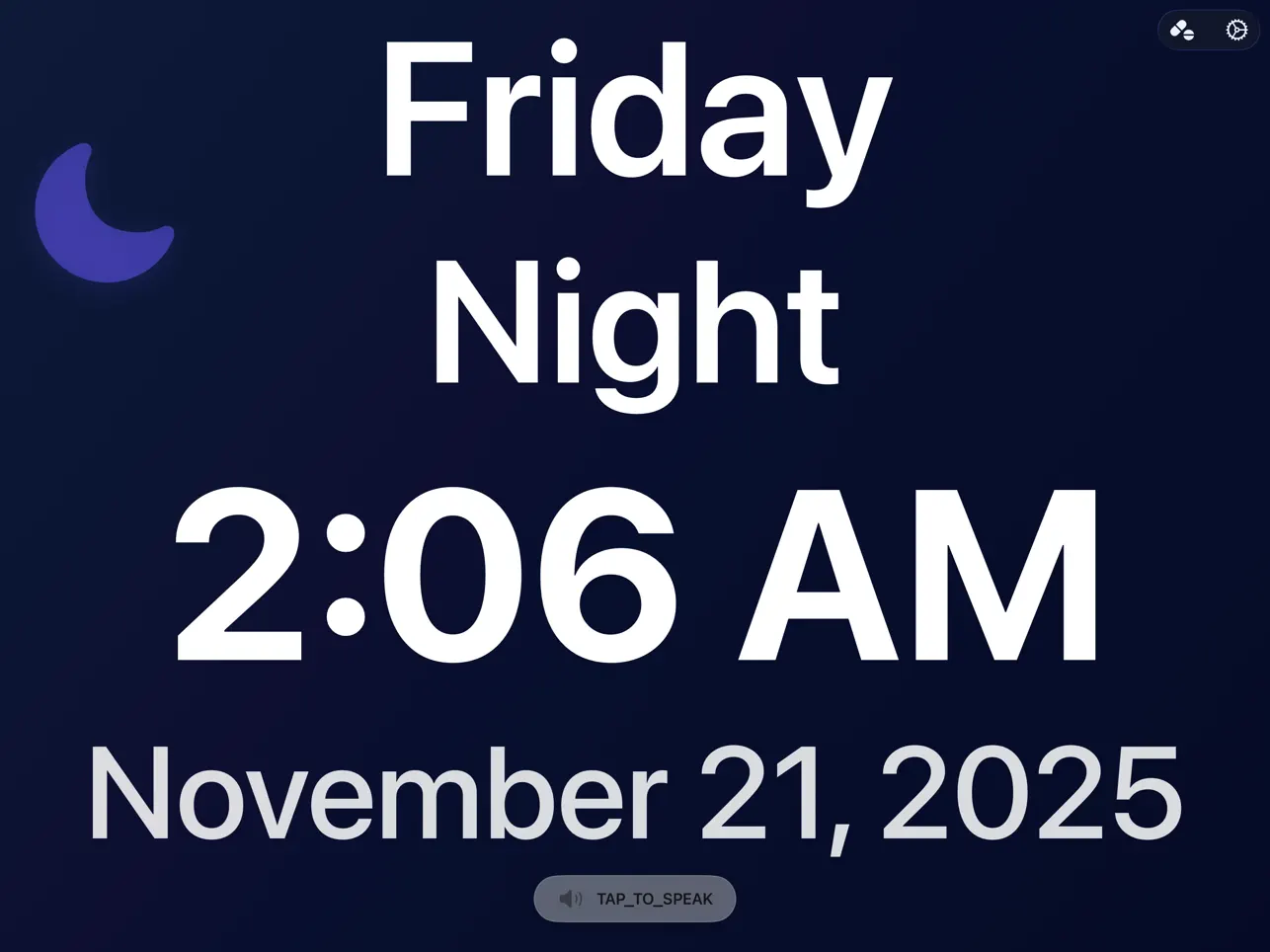 BrightHour Clock on iPad in dark mode showing Friday Night, 2:06 AM, November 21, 2025, and tap-to-speak