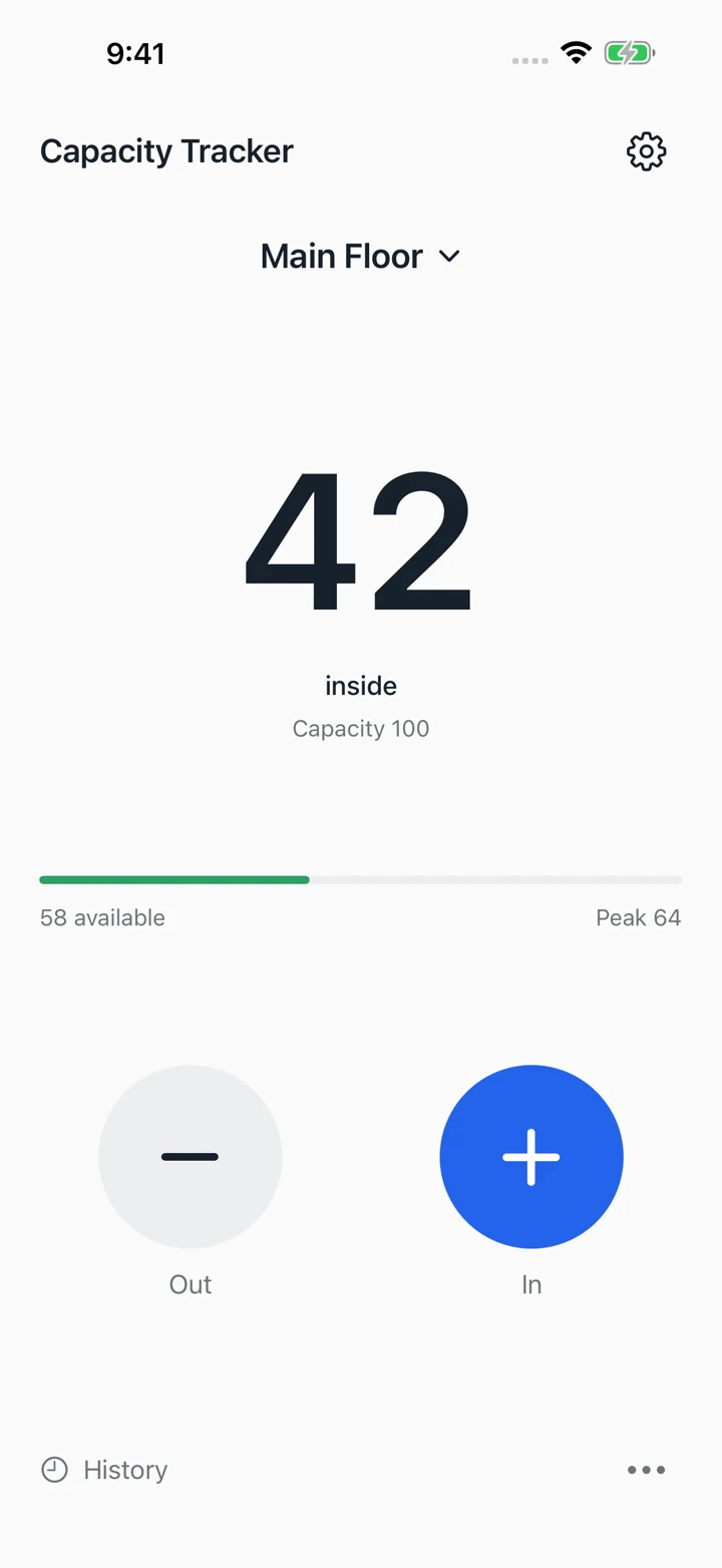 Capacity Tracker Main Floor sample showing 42 inside, capacity 100, and 58 available