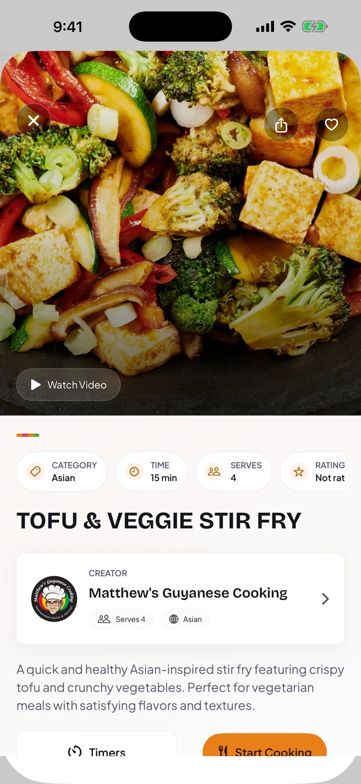 CoalPot recipe detail: Tofu and Veggie Stir Fry with a food photograph, creator, and Start Cooking button