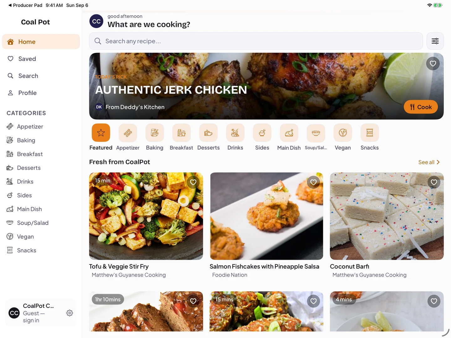 CoalPot on tablet: sidebar navigation, Caribbean recipes, and guided cooking