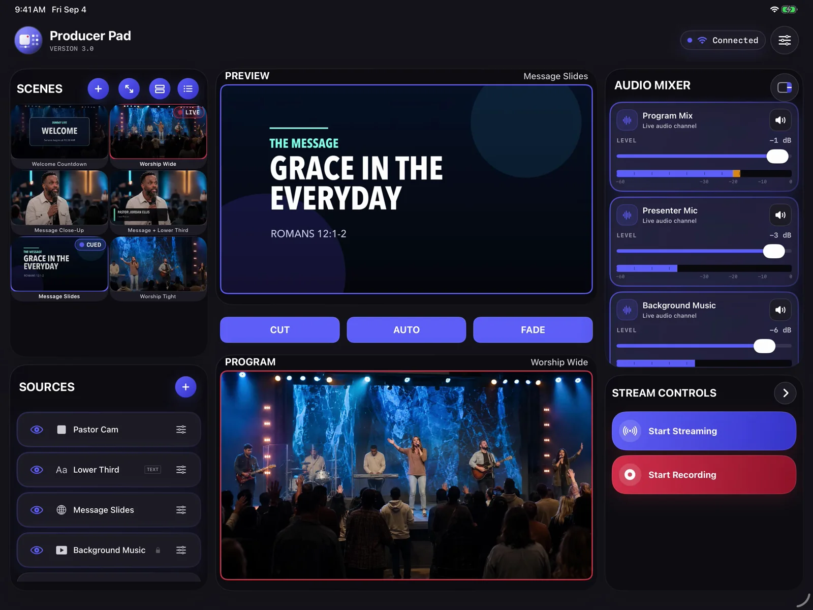 ProducerPad on iPad: OBS scenes, preview, program, and audio controls