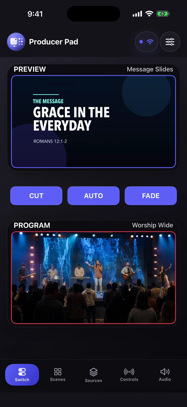 ProducerPad on iPhone: preview and program monitors with transition controls
