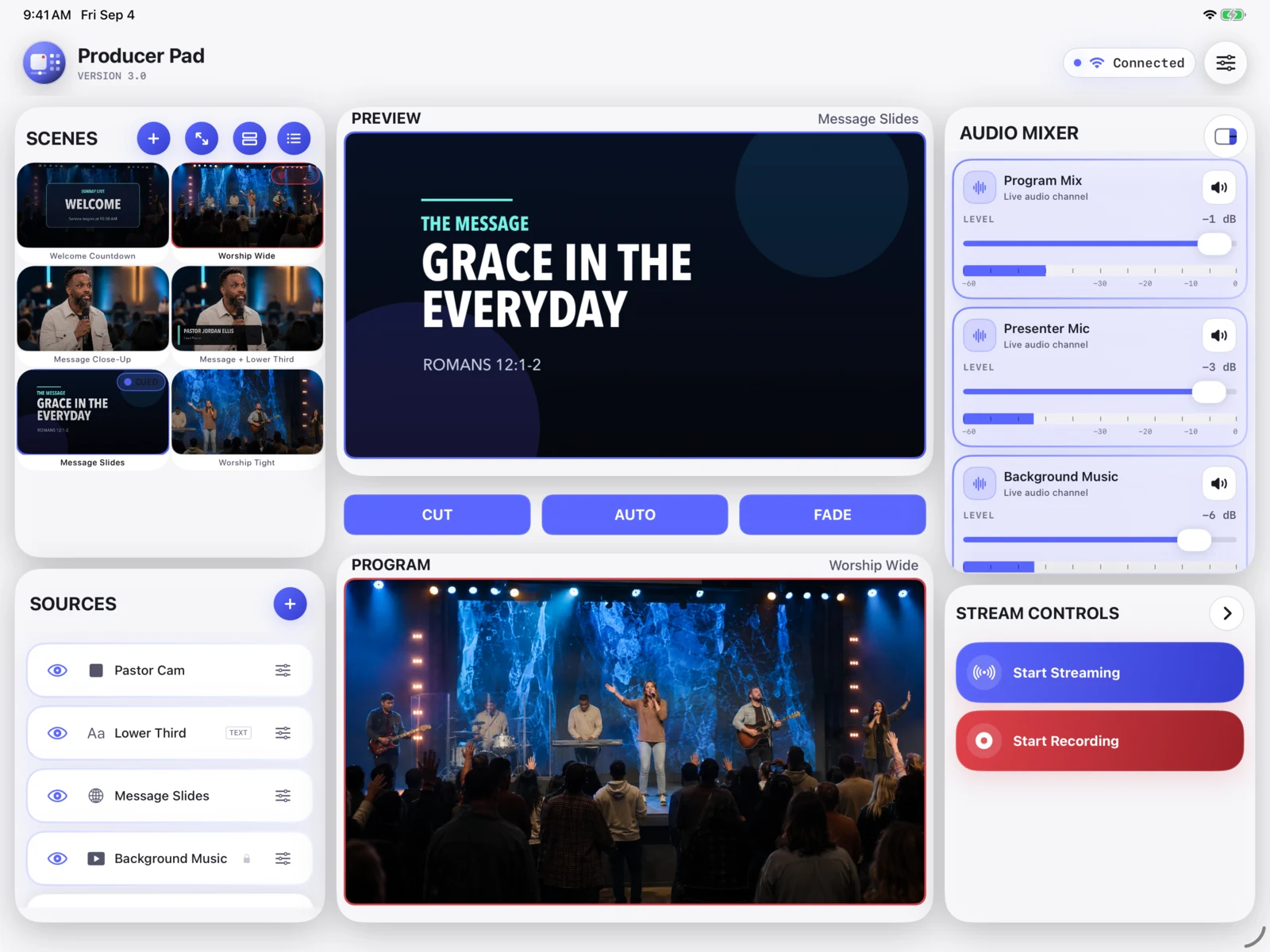 ProducerPad on iPad: OBS scenes, preview, program, and audio controls