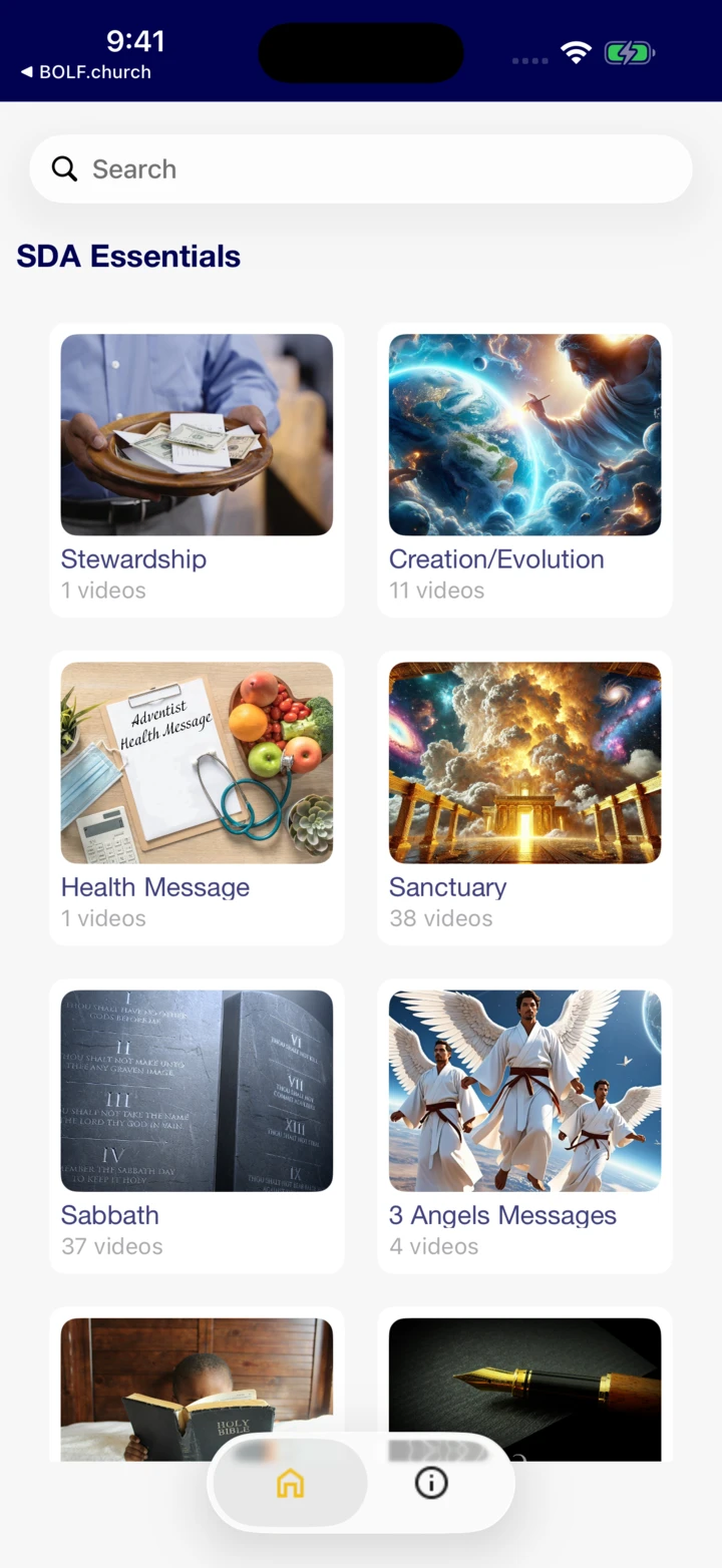 SDA Essentials home screen with illustrated learning categories including Stewardship, Health Message, Sanctuary, and Sabbath